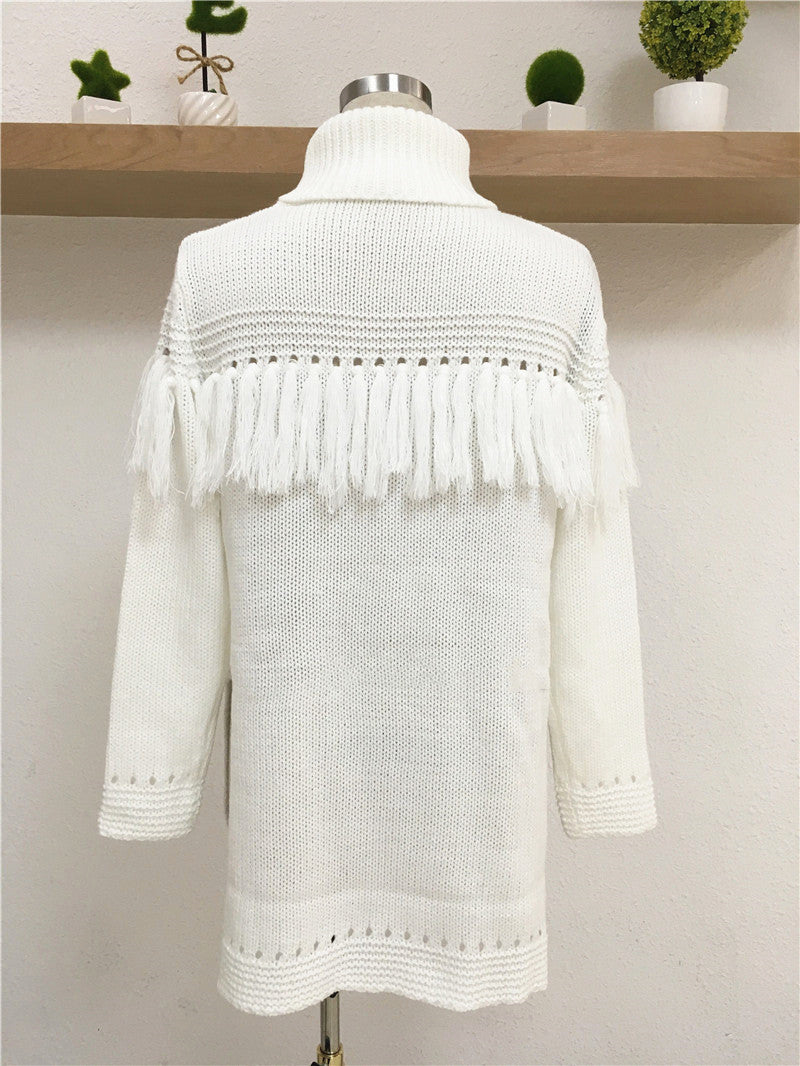 Women’s Turtleneck Tassel Sweater – Mid-Length Knitted Pullover