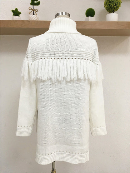 Women’s Turtleneck Tassel Sweater – Mid-Length Knitted Pullover