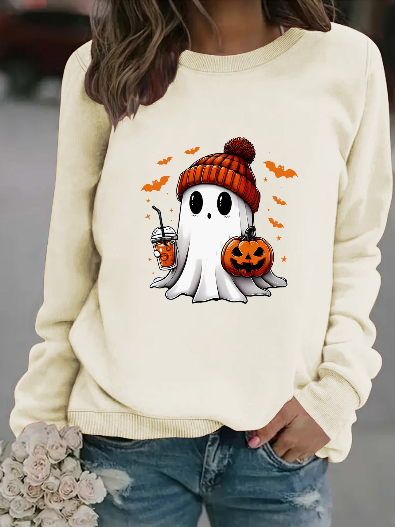 Women’s Snowman Ghost Crewneck Sweater – Holiday Graphic Pullover