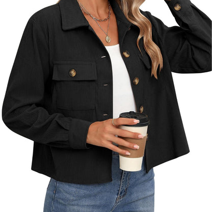 Women’s Corduroy Button Cropped Jacket – Long Sleeve Polyester Coats & Jackets 2025