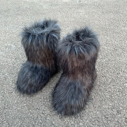 Solid Black Women Designer Snow Boots Metal Classic Furry Winter Warm Ankle Boots For Women