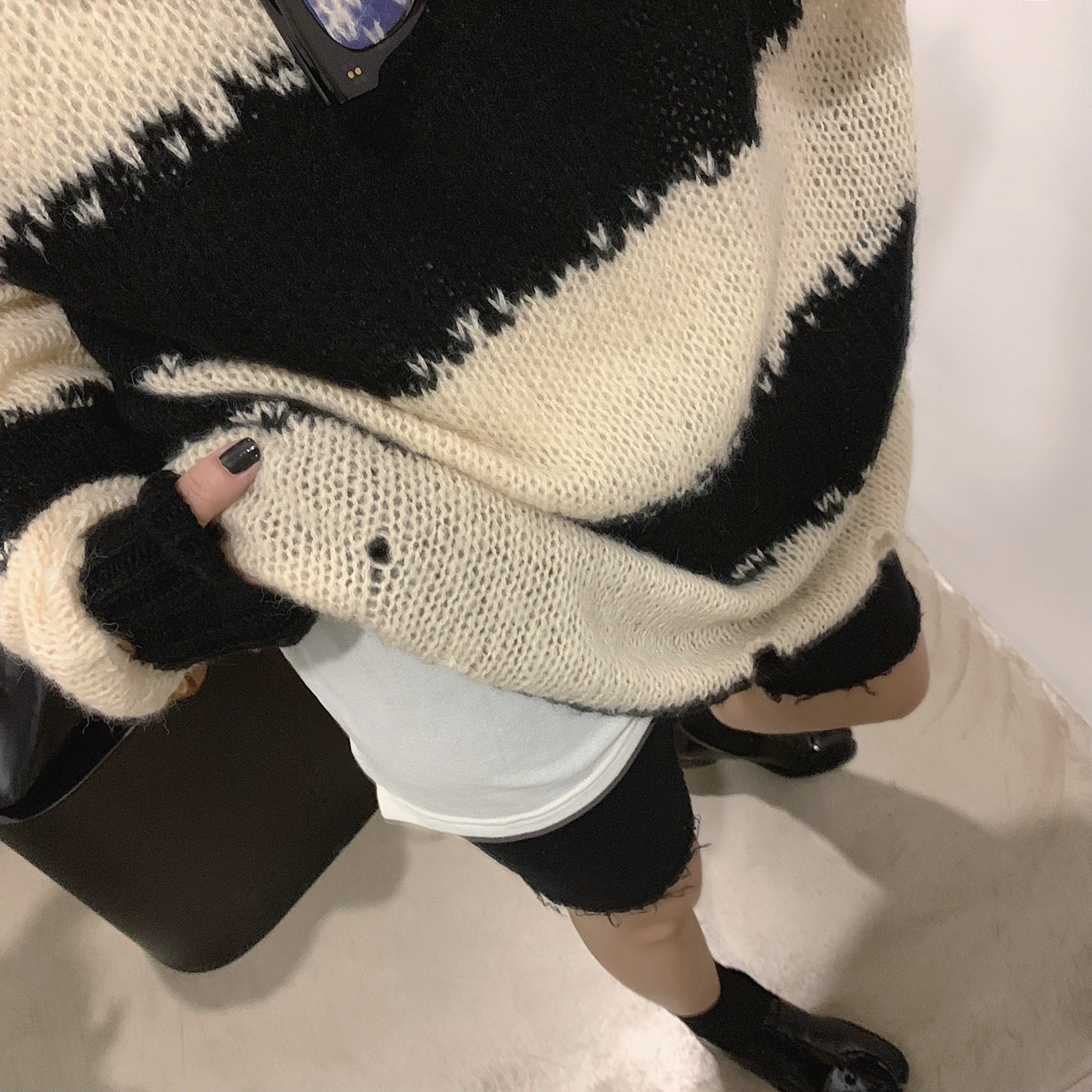 Multicolor Striped Loose Sweater – Casual Round Neck Knit Pullover for Women