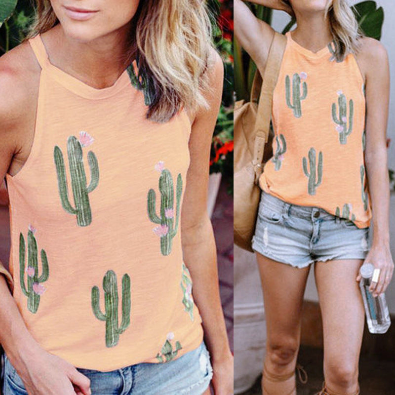 Summer Cactus Print Halter T-Shirt – Harajuku Casual Outfit for Women