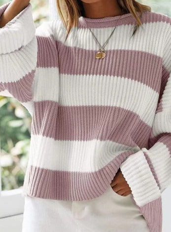 Color Block O Neck Sweater Casual Autumn Winter Style