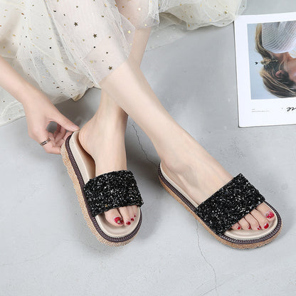 Korean Style Rhinestone & Sequin Slippers – Women’s Elegant Low Heel Flats