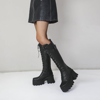 British-Style High PU Leather Knight Boots for Women | Square Toe High Heel Winter Boots