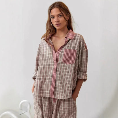 Plaid Shirt & Matching Trousers Two-Piece Outfit Set | Cozy Style 2025 Aesthetic