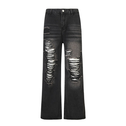 Unisex Ripped Denim Trousers – Mid-Waist Street Style Jeans