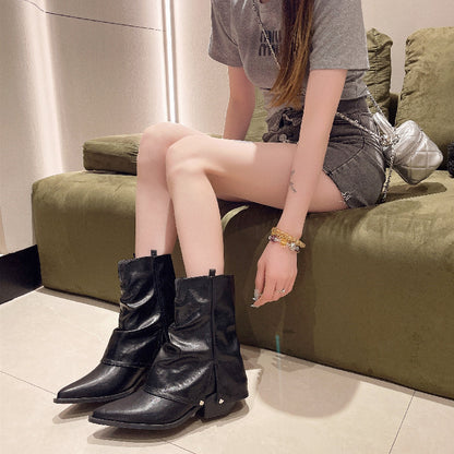 Womens Mid Calf Winter Boots New Leather Comfortable Mid Heel Motorcycle Boots Non Slip Fashion Boots