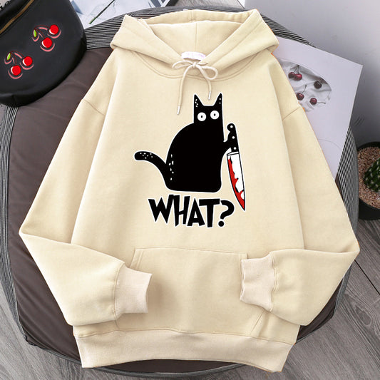 Cozy Style for Teens Killer Black Cat Patterned Wool-Lined Hoodies