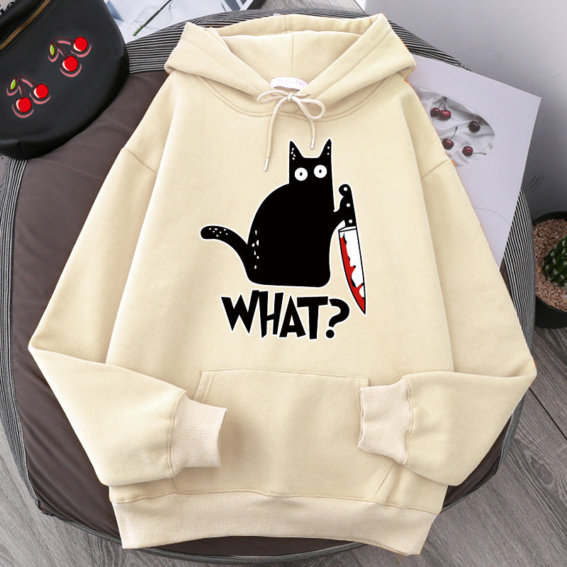 Cozy Style for Teens Killer Black Cat Patterned Wool-Lined Hoodies