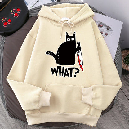 Cozy Style for Teens Killer Black Cat Patterned Wool-Lined Hoodies