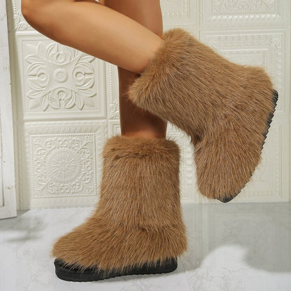 Mid-Tube Furry Cotton Snow Boots for Women | Warm PU Winter Boots Outfit