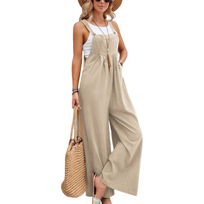 Loose-Fit Cotton Bib Overalls for Women – Casual Straight-Leg Romper Outfit
