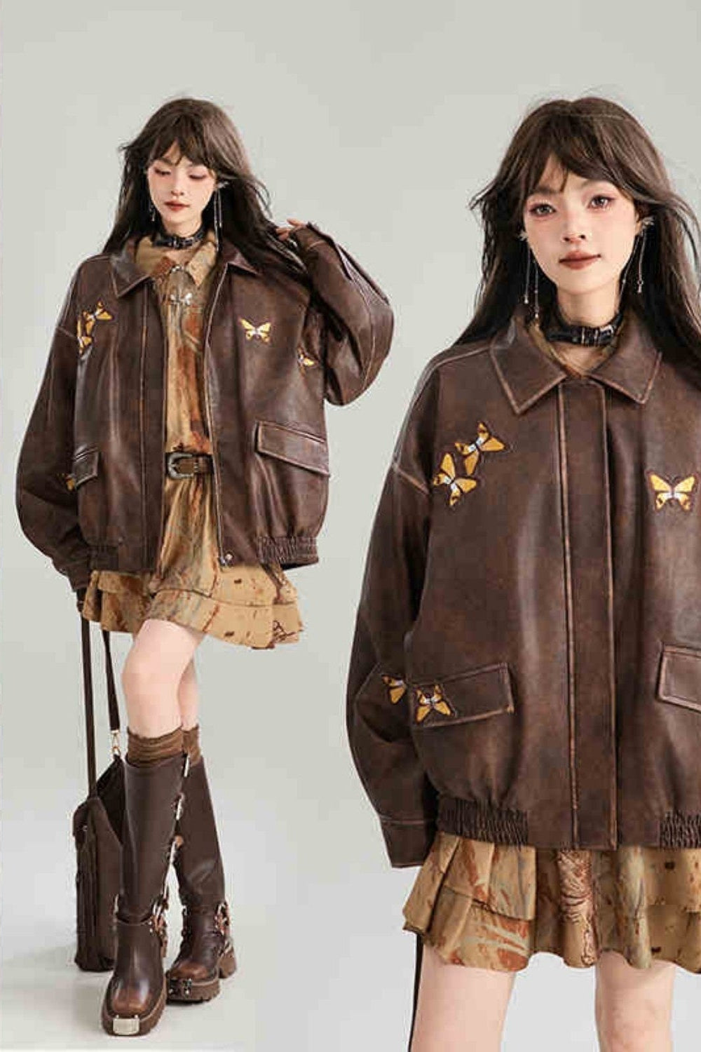 Woman wearing a brown quilted jacket with butterfly designs, standing against a neutral background.