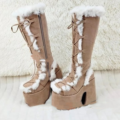 Fashion Platform Boots for Women – Super High Heel PU & Suede Winter Footwear