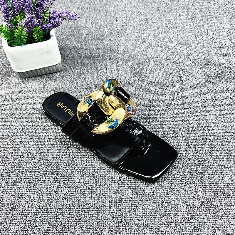 Metal Decoration Pointed Low Heel Women Slingback Slippers