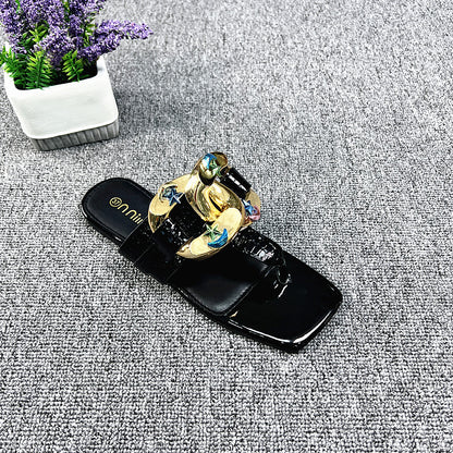 Metal Decoration Pointed Low Heel Women Slingback Slippers