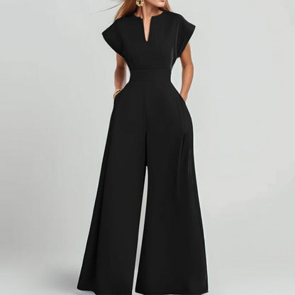 Spring New Womens Long Jumpsuit Elegant V Neck High Waist Belt Straight Wide Leg Casual Holiday Style Jumpsuit