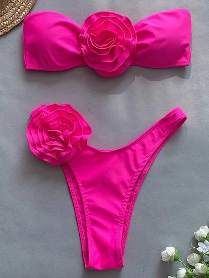 Flowers Brazilian Strapless Bandeau Bikini for Women | Two-Pieces Bikini Set, High Cut Bathing Suit Swimwear