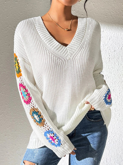 Elegant Solid Color Sweater for Women – Embroidery Design, Unique Cuff Detail, Versatile for All Occasions