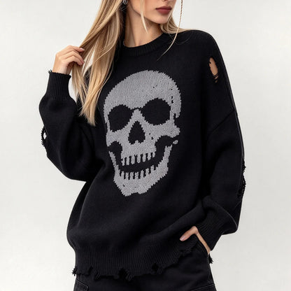 Alt Goth Halloween Style: Ripped Skull Sweater for October Nights