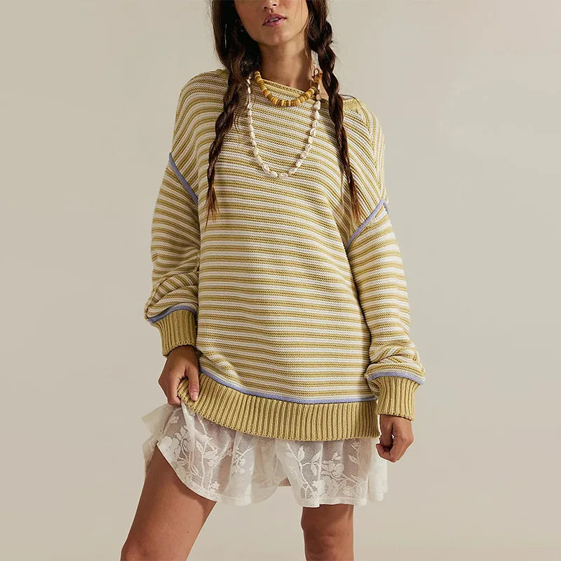 Women’s Striped Knit Pullover – Autumn Winter Round Neck Sweater