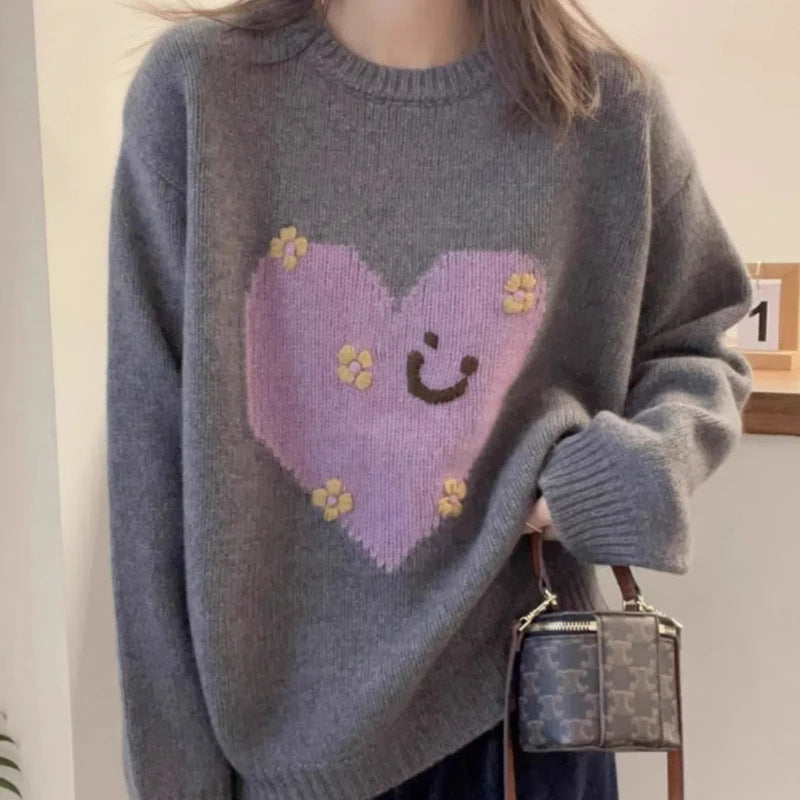 Vintage Heart Jacquard Sweater – Casual Loose Fit Round Neck Pullover for Women, Spring & Autumn Fashion