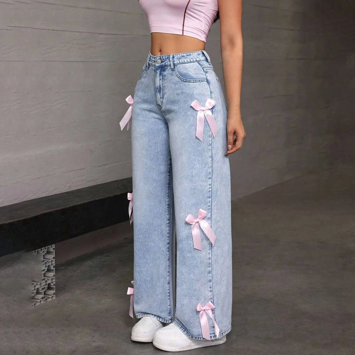 Jeans For Women High Quality High Waist American Wide Leg Pants Bow Embroidery Y2k Vintage Straight Summer Trousers New