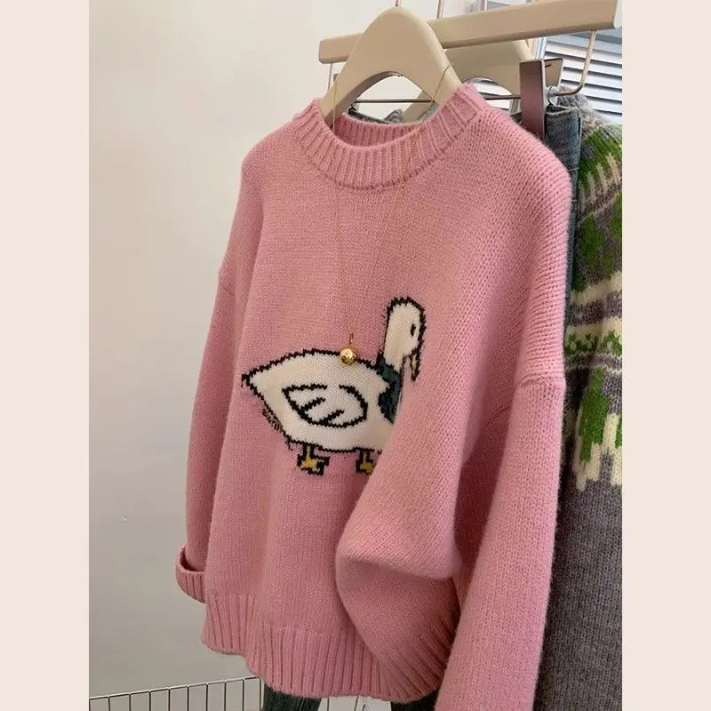 Cute Cartoon Embroidered Sweater – Trendy Pink Knit Pullover, Casual Loose Fit Long Sleeve Jumper for Women