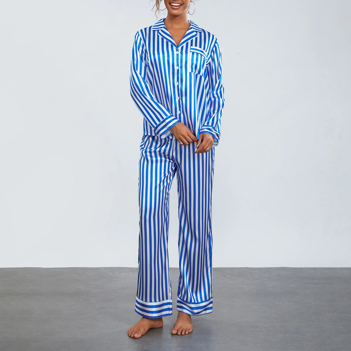 Hirigin Christmas Women’s Striped Pajama Set – Long Sleeve Satin Shirt & Elastic Wide Loose Pants, 2-Piece Lounge Sleepwear