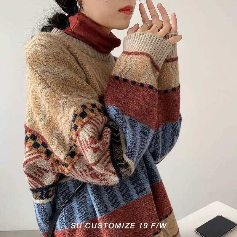Vintage Turtleneck Sweater – Loose Geometric Pullover for Women 2026