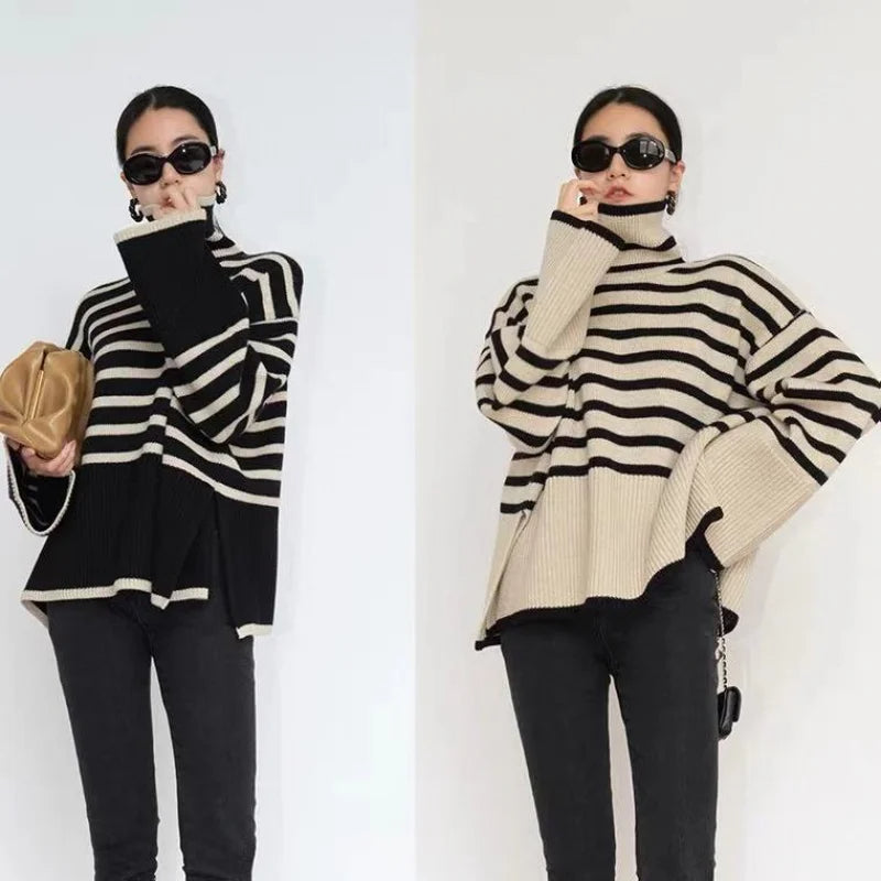 Striped Turtleneck Sweater for Women – Cozy Oversized Knit, Elegant Fall & Winter Outfit Essential
