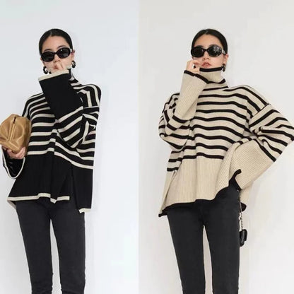 Striped Turtleneck Sweater for Women – Cozy Oversized Knit, Elegant Fall & Winter Outfit Essential