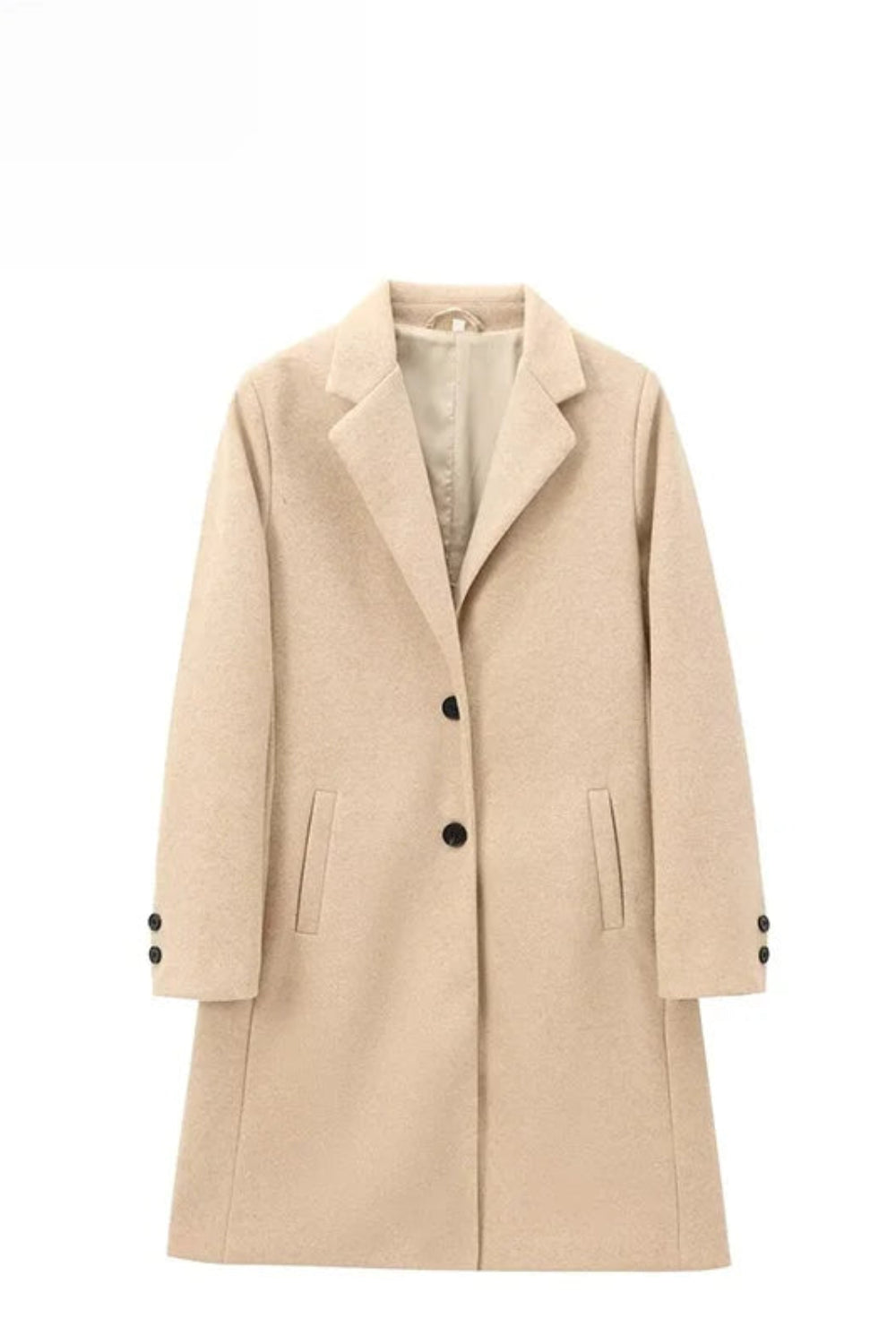 Beige coat with black buttons on a white background