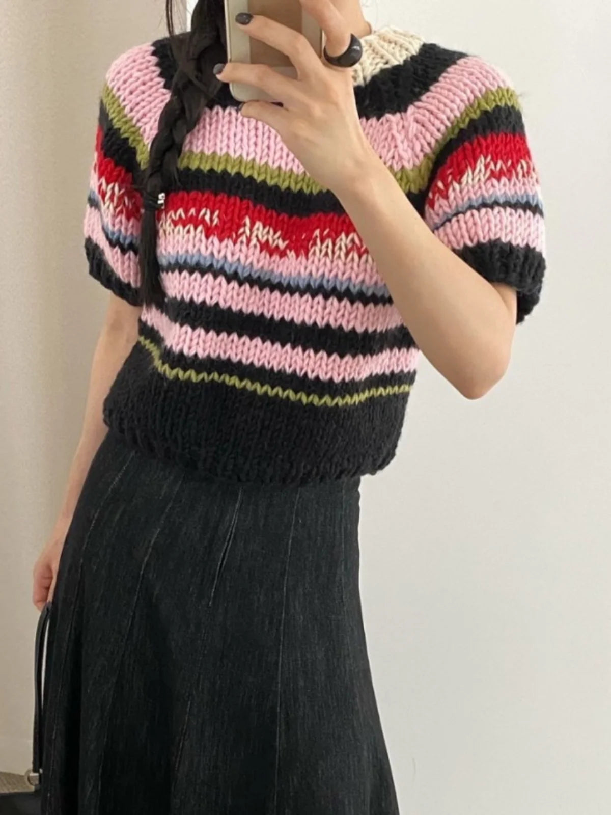Women’s Rainbow Striped Knit Sweater – Slim Fit Short Sleeve Top