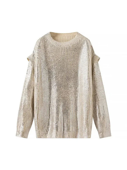 Gold Foil Metallic Sweater – Luxury Knitted Long Sleeve Pullover for Women, Autumn Fashion