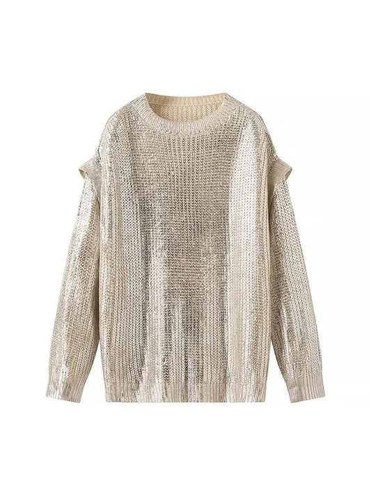 Gold Foil Metallic Sweater – Luxury Knitted Long Sleeve Pullover for Women, Autumn Fashion