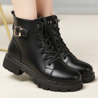 Women's Leather Platform Combat Ankle Boots – Chunky Lace-Up Punk Style Footwear for Autumn/Winter 2025