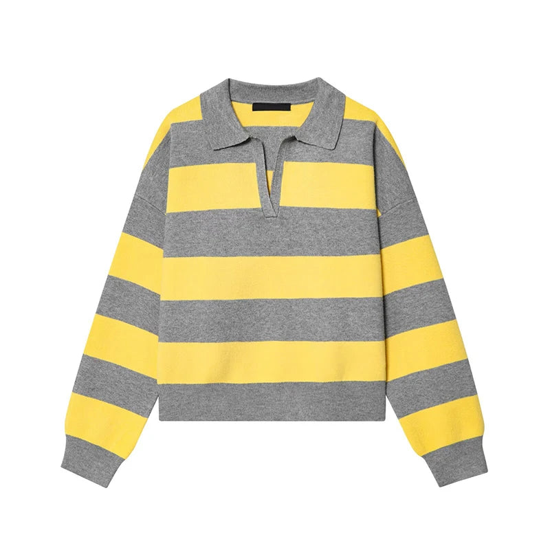 2026 Striped Knit Polo Sweater – Women’s Loose Pullover