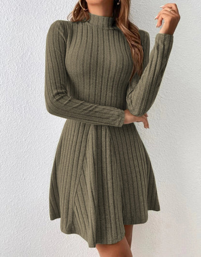 Elegant Long Sleeve Ribbed Mock Neck Solid Dress