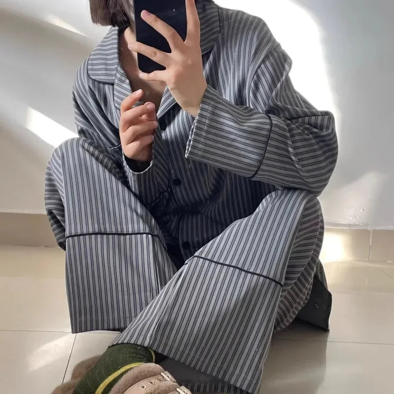 Women's Striped Pajama Set – Korean Spring Long Sleeve Sleepwear, Simple & Loose Homewear Suit 2025