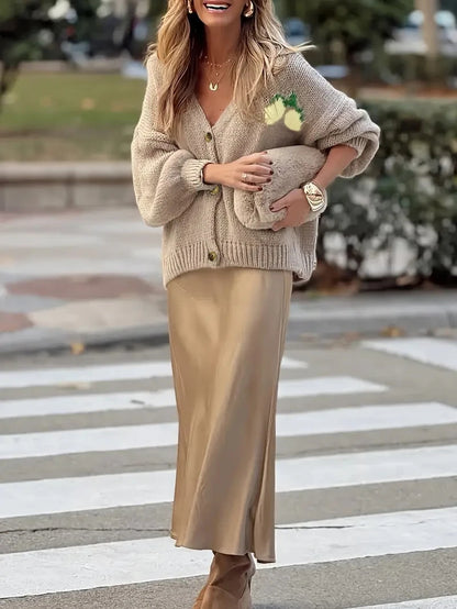 Lemon Knit Button Cardigan – Loose Lantern Sleeve Autumn Winter Sweater