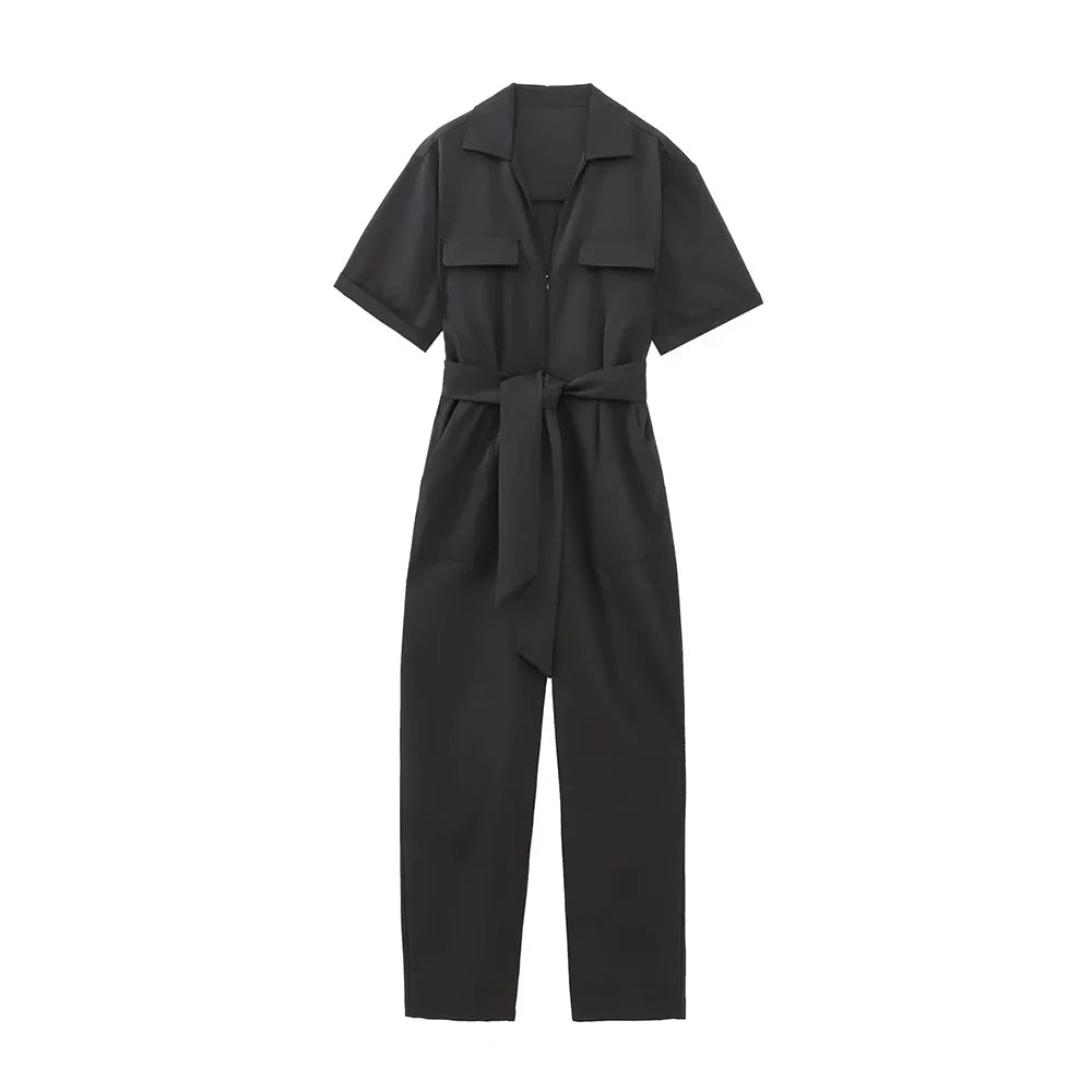 2025 Women’s Fashion Belted Zipper Jumpsuit – Retro Lapel, Short-Sleeve Pocket Chic Jumpsuit for Women