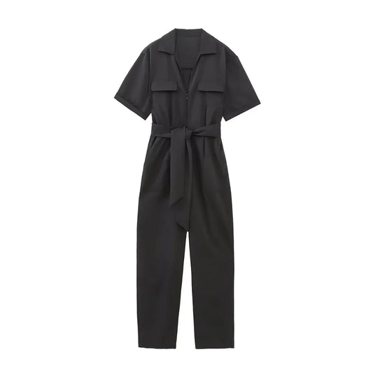 2025 Women’s Fashion Belted Zipper Jumpsuit – Retro Lapel, Short-Sleeve Pocket Chic Jumpsuit for Women