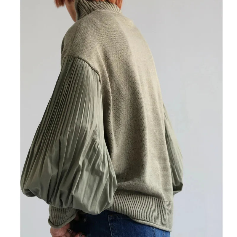 Pleated Turtleneck Lantern Sleeve Spliced Knit Sweaters