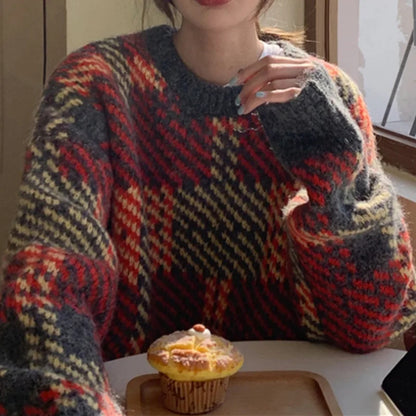 Korean-Style Rainbow Patchwork Sweater – Loose O-Neck Pullover 2026