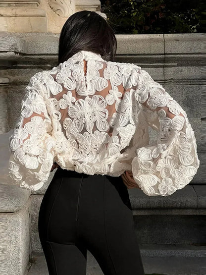 See-Through Mesh Shirts for Women – Elegant 3D Flower Long Lantern Sleeves, Patchwork Design, 2025 Spring Fashion Sexy Tops