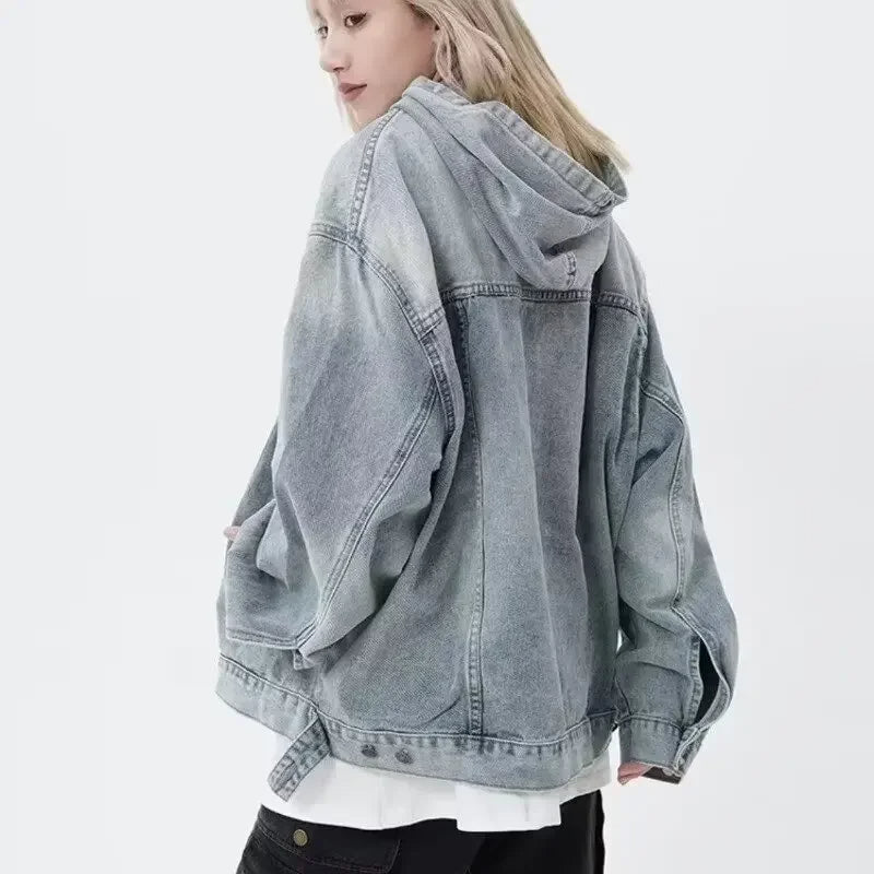 Vintage Denim Hoodie for Women – Harajuku Streetwear Jean Pullover Sweatshirt