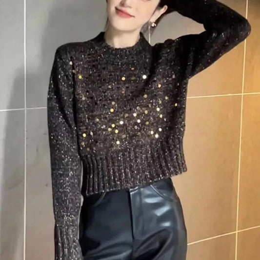 Korean Fashion Sequin Corset Sweater – O-Neck Solid Knit Pullover, Casual Long Sleeve Short Top for Women